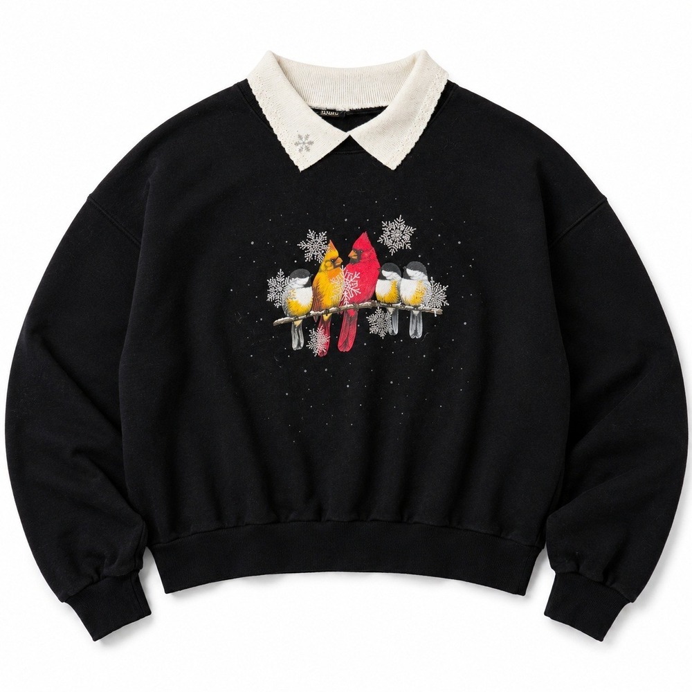 Vtg Black Bird Snowflake Sweatshirt Winter Cardinals Cottagecore Grannycore